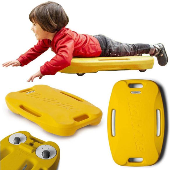 Guruló zsámoly sárga, műanyag rollerboard, cseréhető 360 fokban elforgó kerekek,